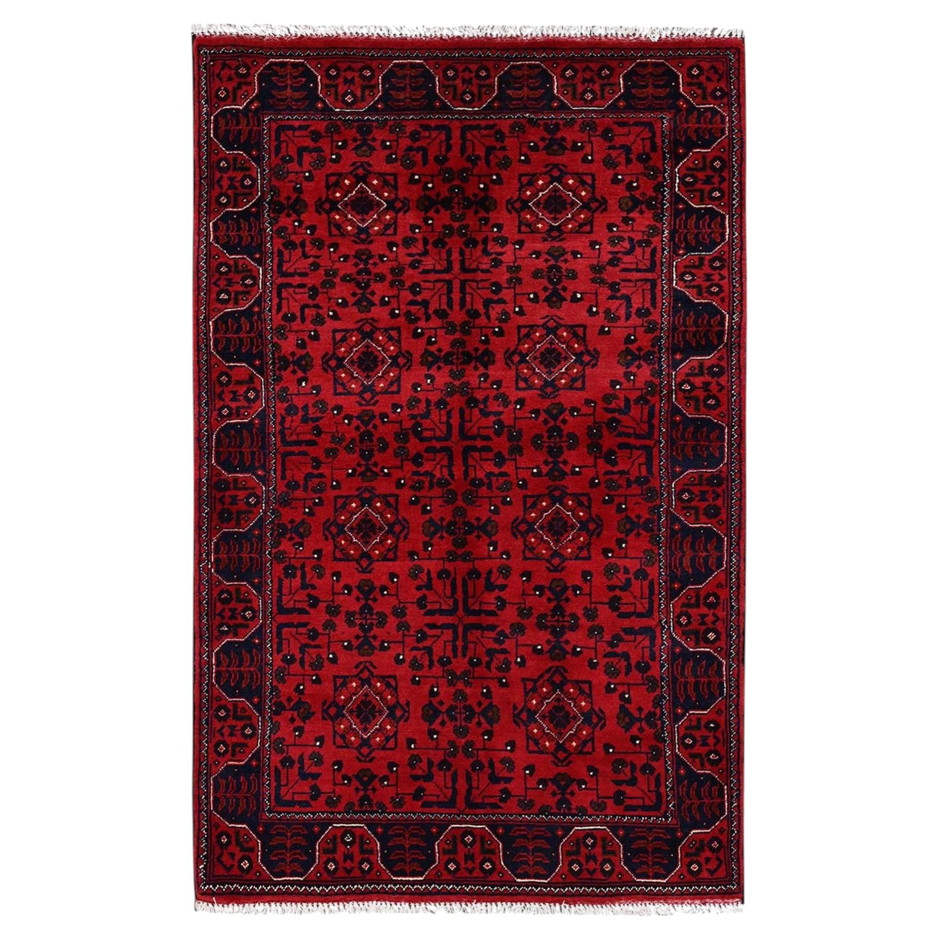 3'1"x5' Red Afghan Andkhoy with Tribal Design Hand Knotted Wool Oriental Rug