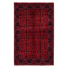 3'1"x5' Red Afghan Andkhoy with Tribal Design Hand Knotted Wool Oriental Rug