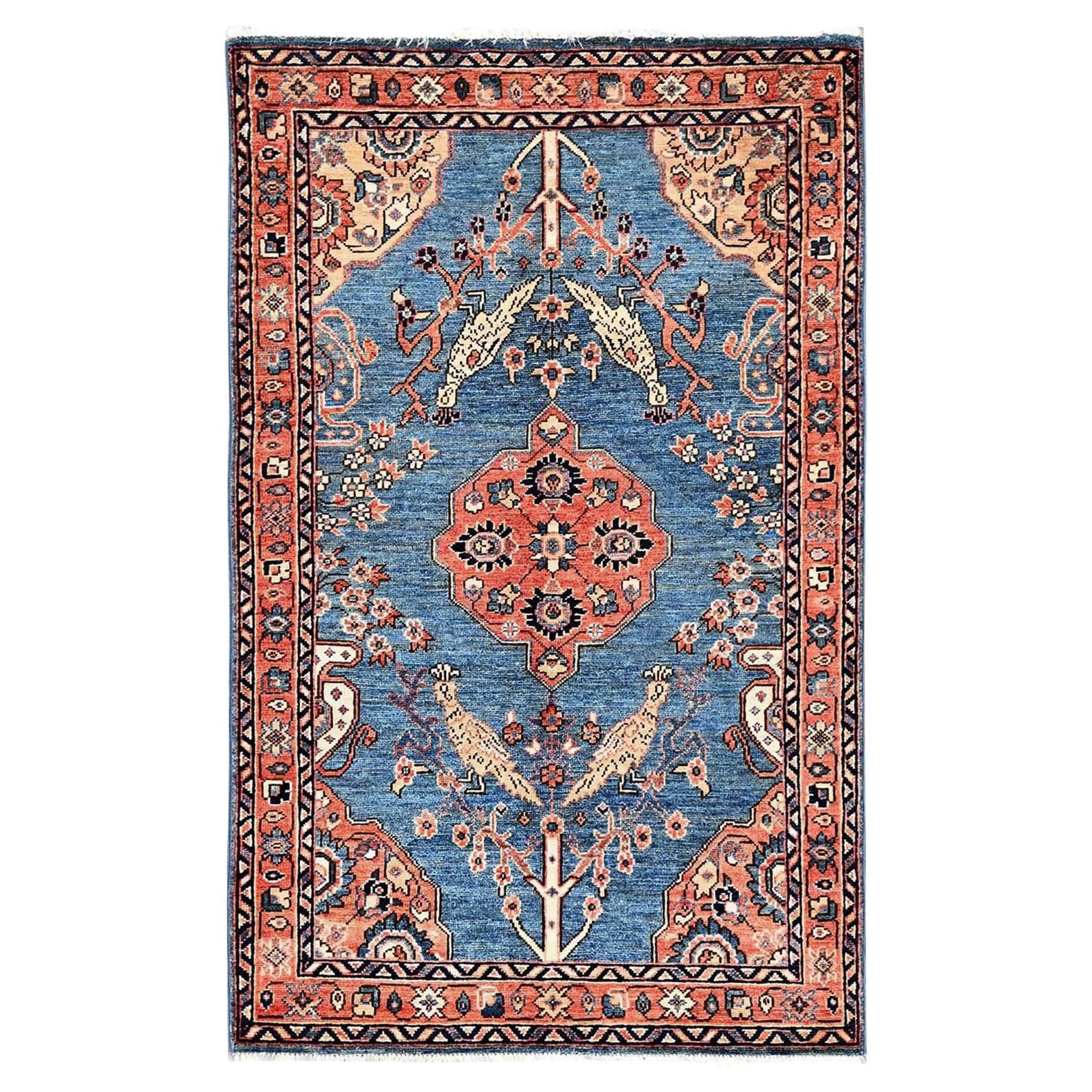 3
1 "x5
 Alfombra de lana anudada a mano Tabriz persa azul acero con diseño de pavo real