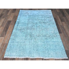 3'1"x5'1" Aqua Blue Overdyed Vintage Persian Tabriz Hand Knotted Pure Wool Rug