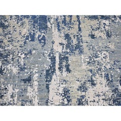 3'1"x5'1" Blue Abstract Design Hi-low Pile Wool and Pure Silk Denser Weave Rug