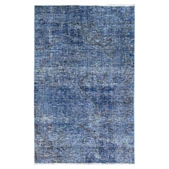 3'1 "x5'1" Azul Overdyed Vintage Persa Tabriz Alfombra de Lana Baja Esquilada Anudada a Mano