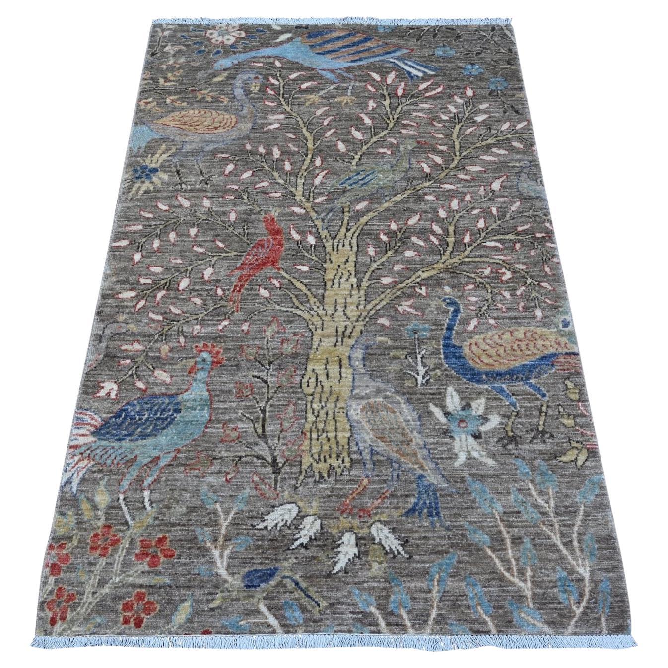 3'1"x5'1" Elephant Gray Afghan Birds Paradise Wool Hand Knotted Oriental Rug