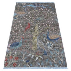 3'1"x5'1" Elephant Gray Afghan Birds Paradise Wool Hand Knotted Oriental Rug