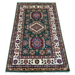 3'1"x5'1" Green Afghan Super Kazak Geometric Medallions Hand Knotted Wool Rug