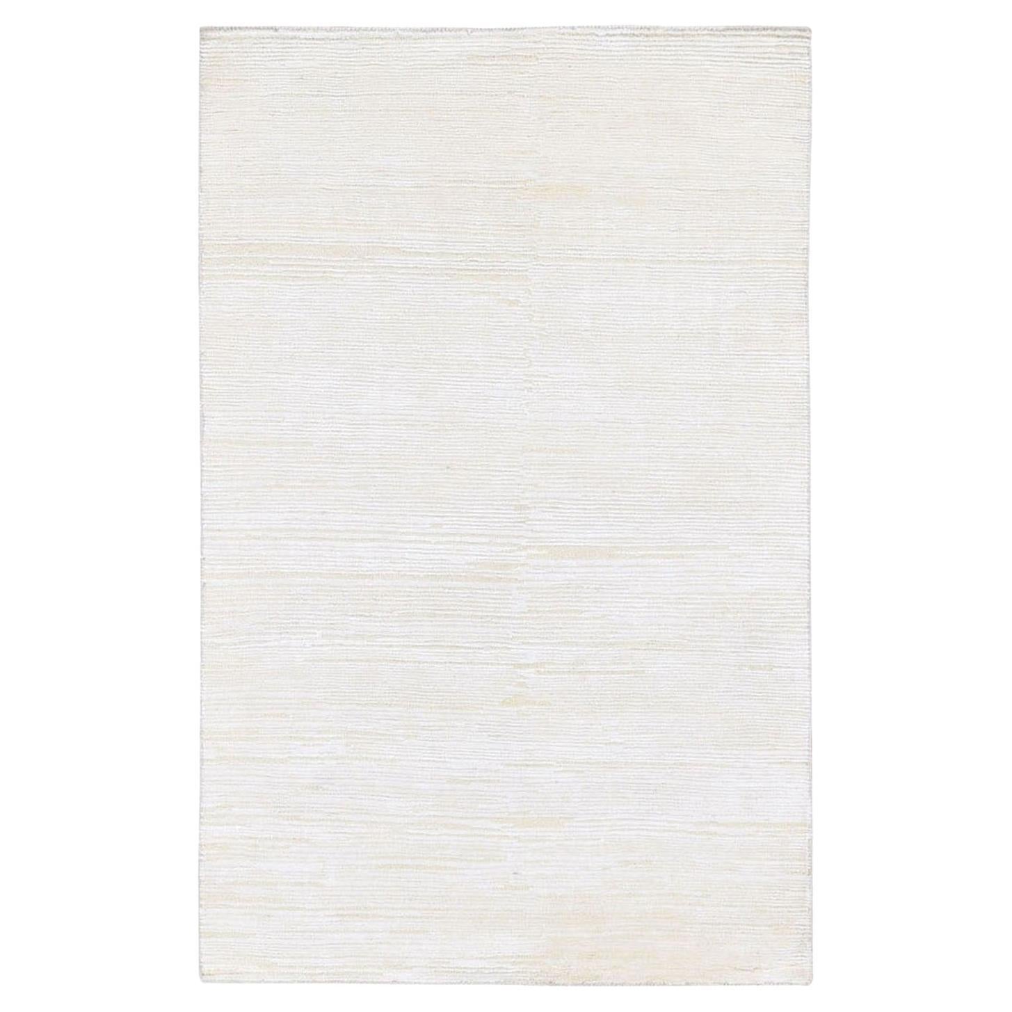 3'1 "x5'1" Soie ivoire et laine texturée ton sur ton Tapis à rayures fait main