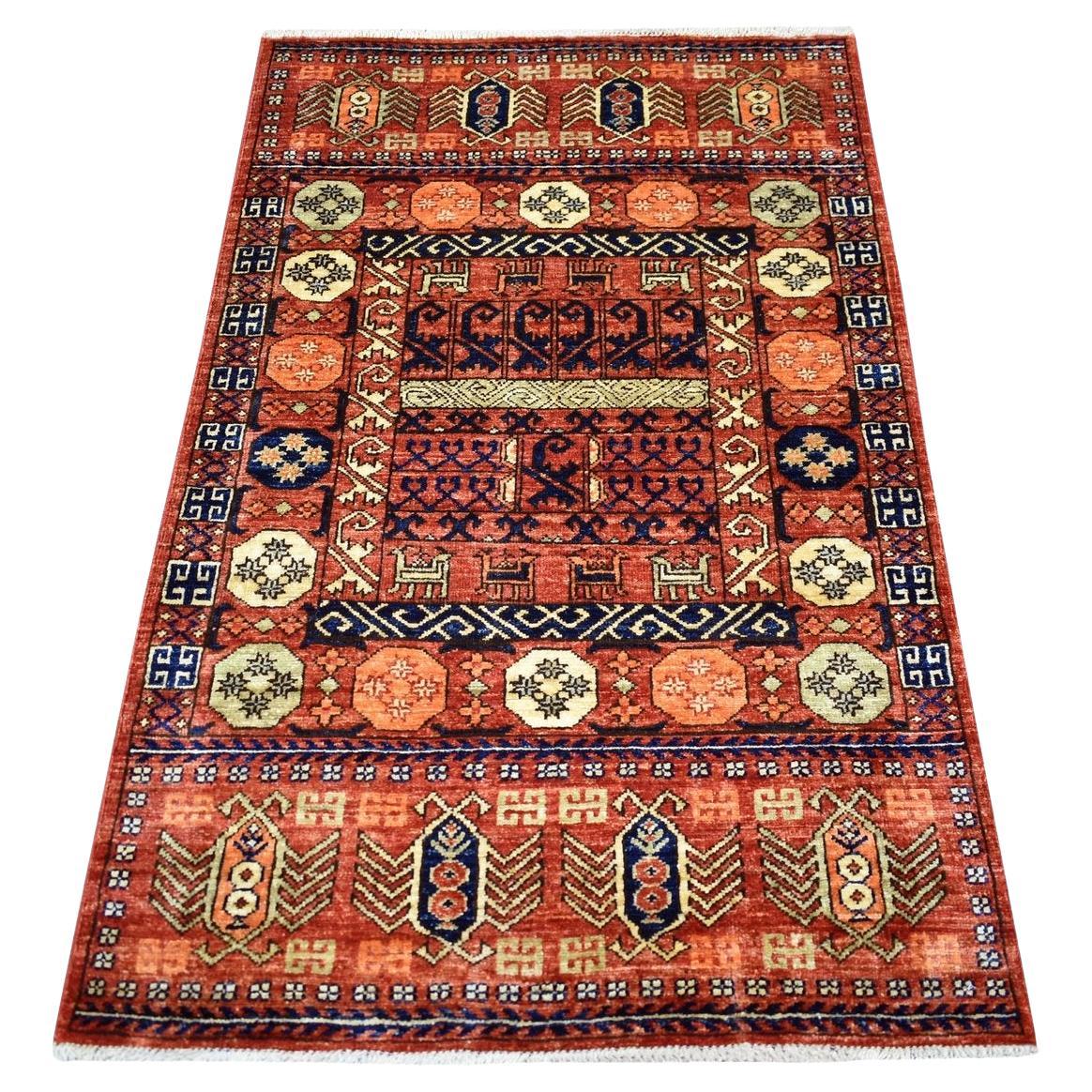 3'1 "x5'1" Rouge Afghan Ersari Animal Figurines Laine Douce Knots Rugs en vente