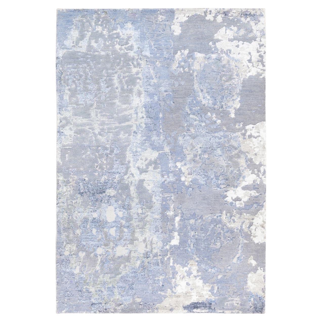 3'1"x5'1" Wool and Silk Gray and Blue Abstract Design Hand Knotted Modern Rug For Sale
