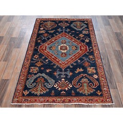 3'1"x5'1" Yale Blue Hand Knotted Northwest Zoroastrian Village Design Wool Rug
