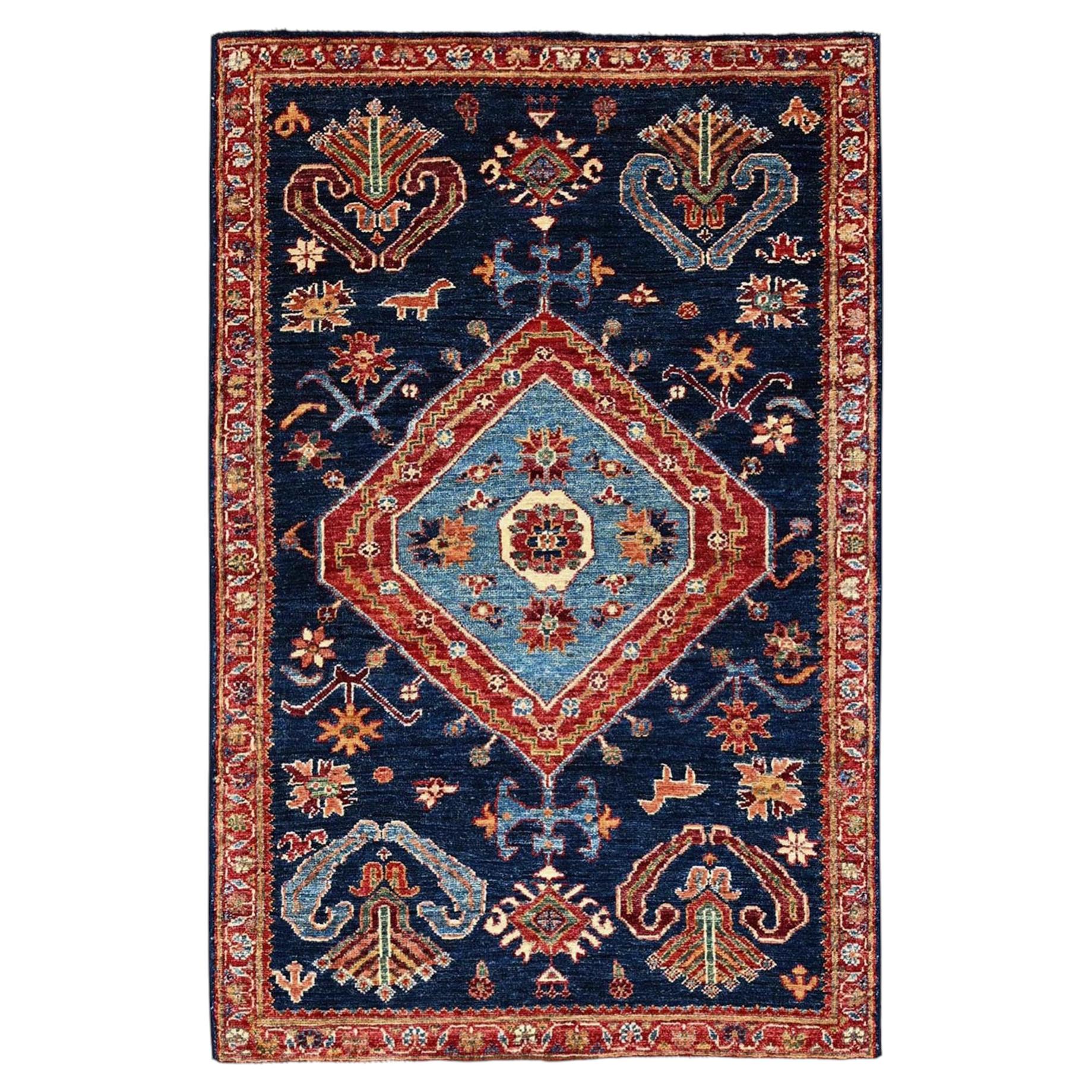 3'1"x5'1" Yale Blue Hand Knotted Northwest Zoroastrian Village Design Wool Rug