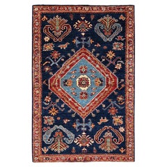 3'1"x5'1" Yale Blue Hand Knotted Northwest Zoroastrian Village Design Wool Rug