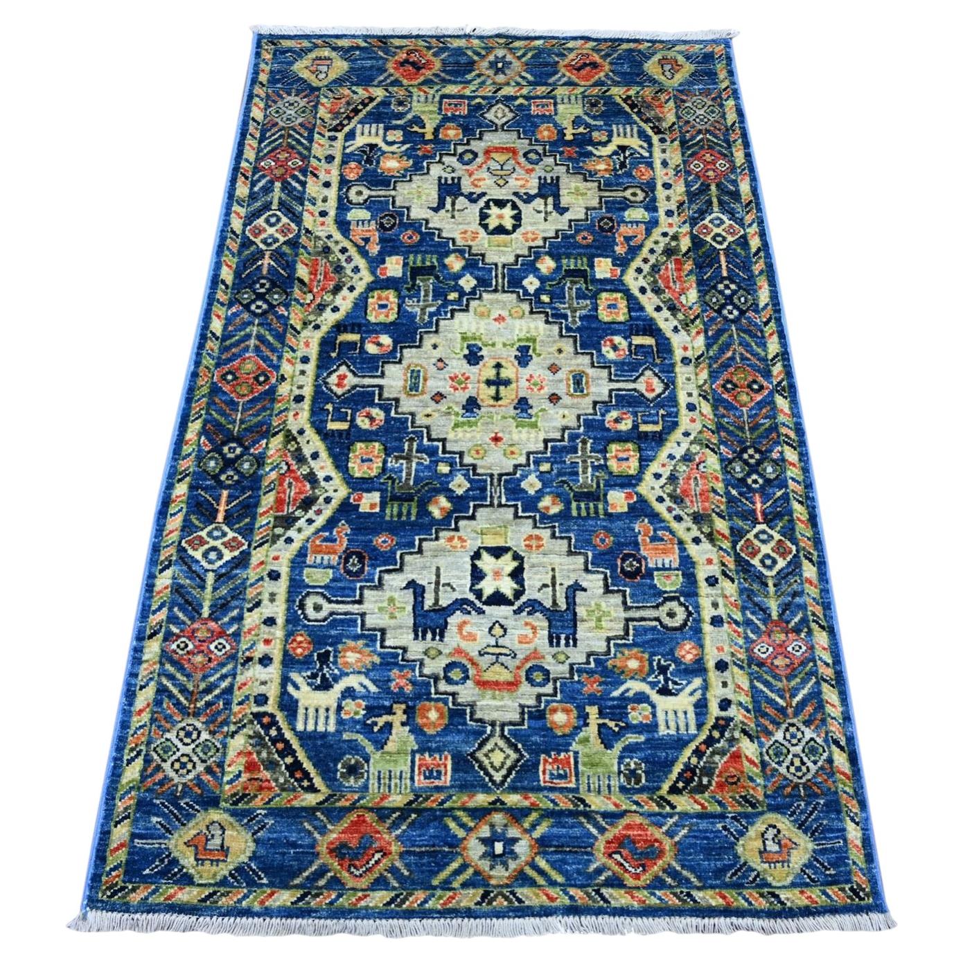 3'1"x5'2" Blue Afghan Ersari Geometric Medallions Design Hand Knotted Wool Rug