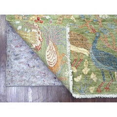 3'1"x5'2" Green Peshawar Birds of Paradise Design Hand Knotted Wool Oriental Rug