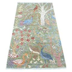 3'1"x5'2" Green Peshawar Birds of Paradise Design Hand Knotted Wool Oriental Rug