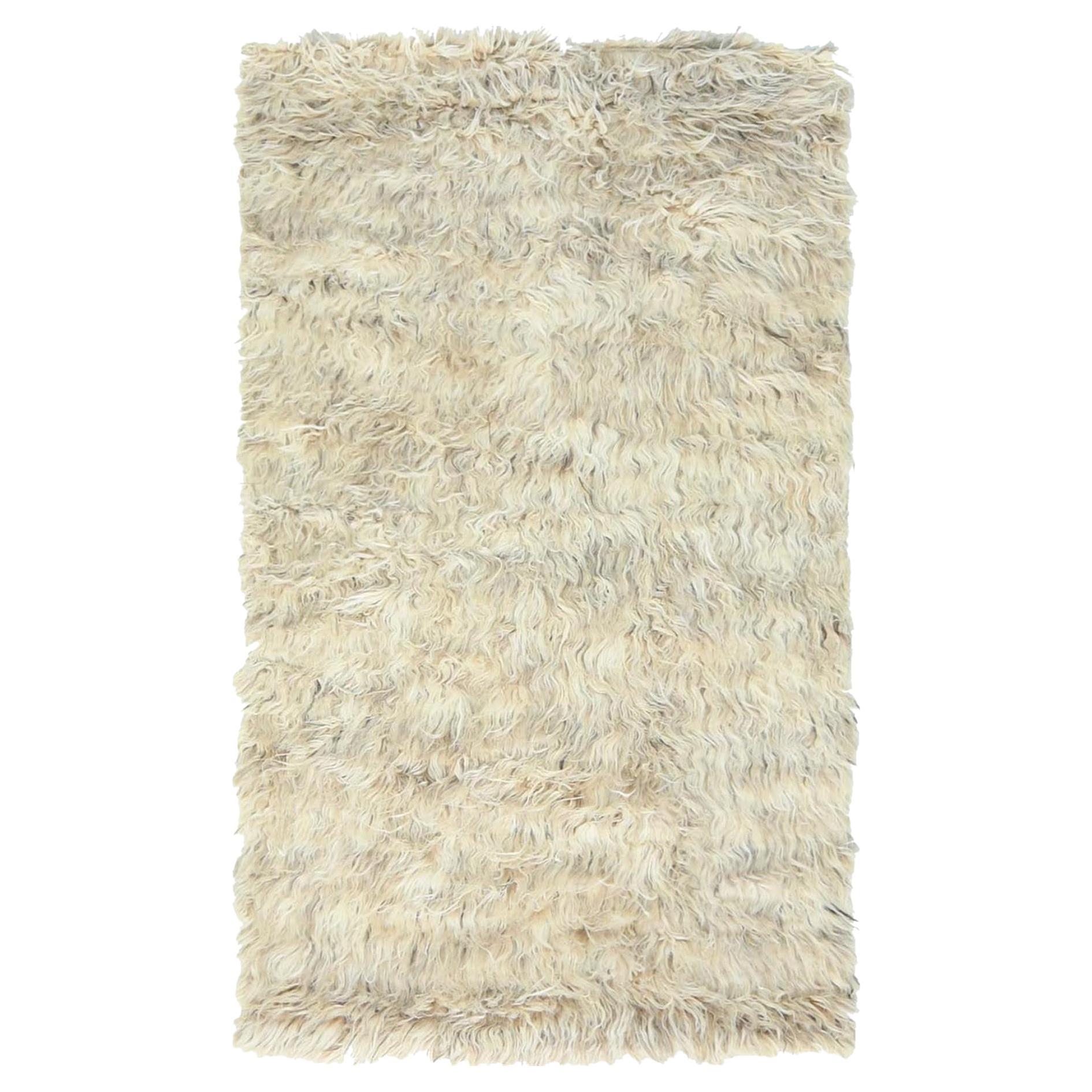 3'1 "x5'3" Beige Shag Flokati Griechisch Stil Ungefärbt Natürliche Wolle Handgeknüpft Teppich
