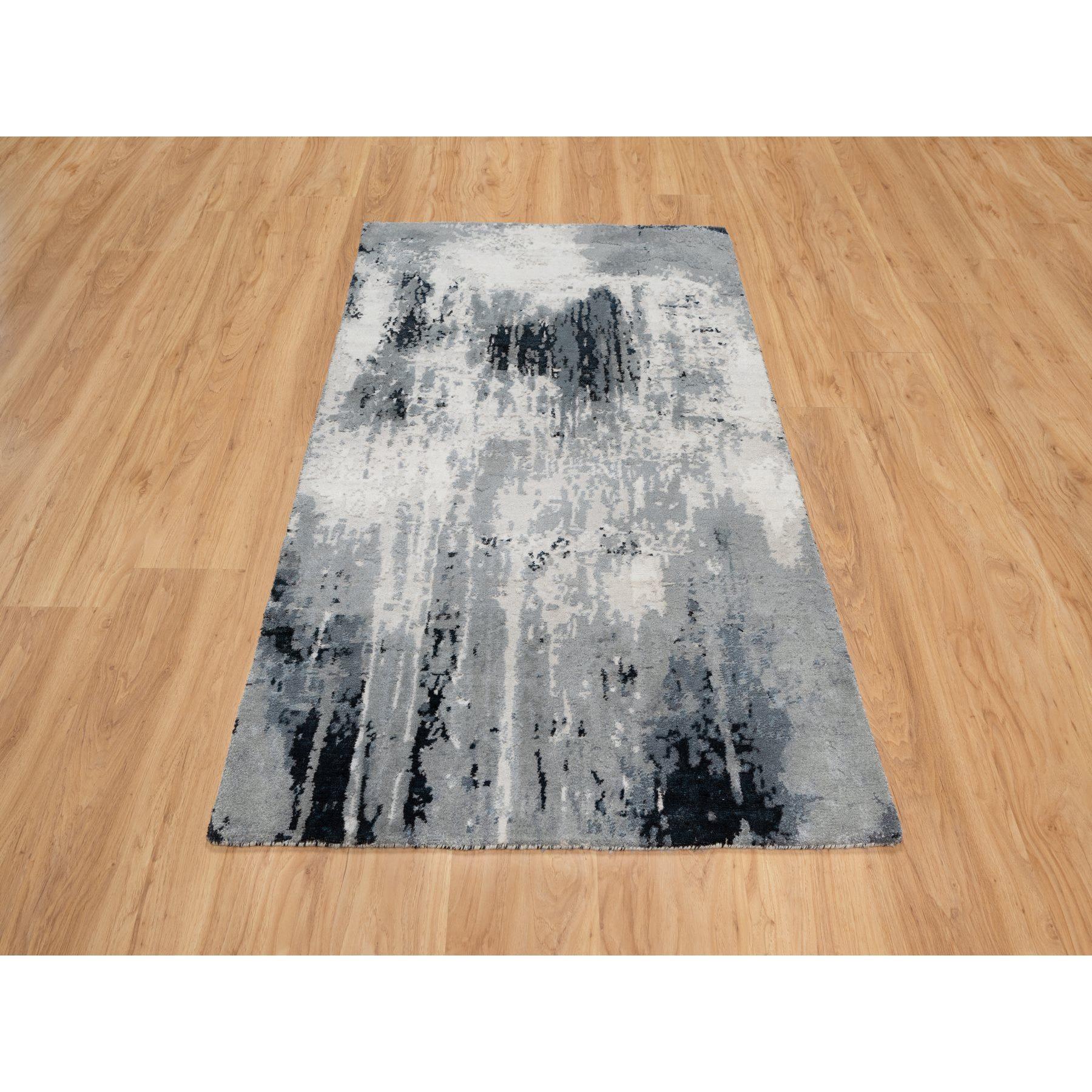 Black with Touches of Ivory, Abstract Design, Wool and Silk, Hand Knotted, Oriental, Rug
Primary materials: Wool & Silk
Latex: No Pile 
height: 0.25 Inches
Style: Transitional
Primary color: Black
Secondary colors: Ivory, Beige, Gray
Pattern:
