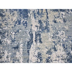 3'1"x5'3" Blue Oceanic Abstract Design Hi-low Pile Wool & Pure Silk Oriental Rug