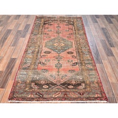 3'1"x6'5" Coral Pink Vintage Persian Hamadan Hand Knotted Pure Wool Runner Rug