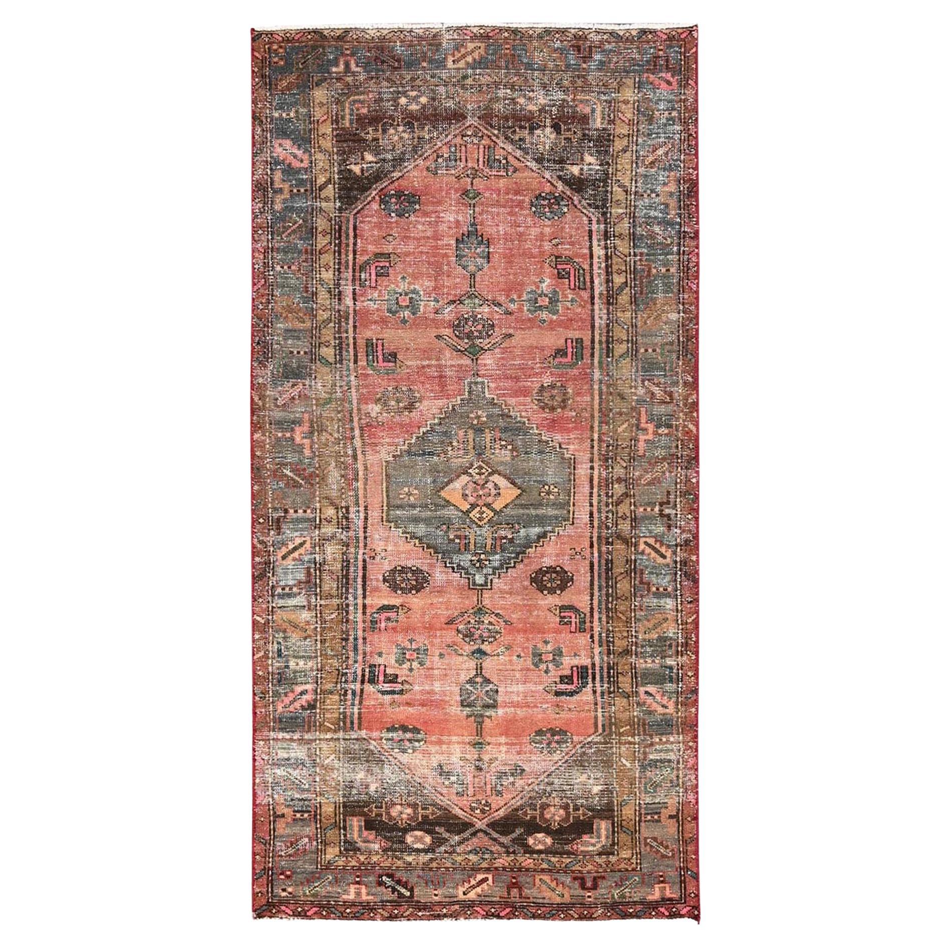 3
1"x6
5" Coral Pink Vintage Persian Hamadan Hand Knotted Pure Wool Runner Rug