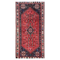 3'1"x6'5" Red Vintage Persian Shiraz Bird Figurines Hand Knotted Wool Runner Rug