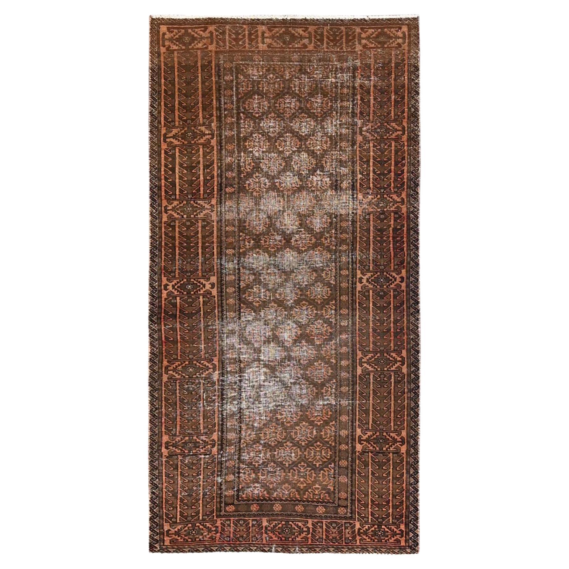 3'1"x6'6" Brown Worn Out Vintage Persian Baluch Hand Knotted Wool Runner Rug