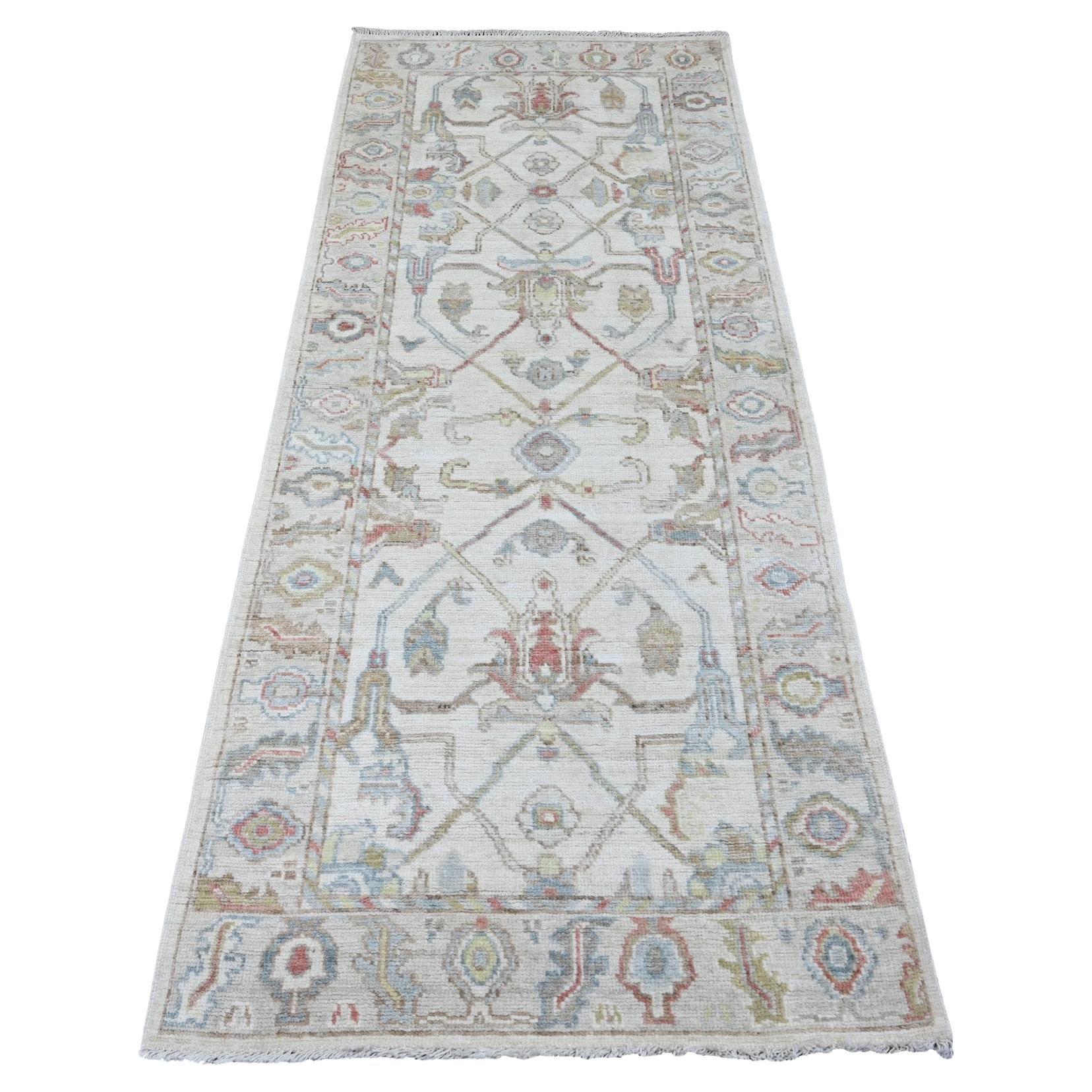 3'1"x7'9" White Afghan Angora Oushak Vines Design Hand Knotted Wool Runner Rug