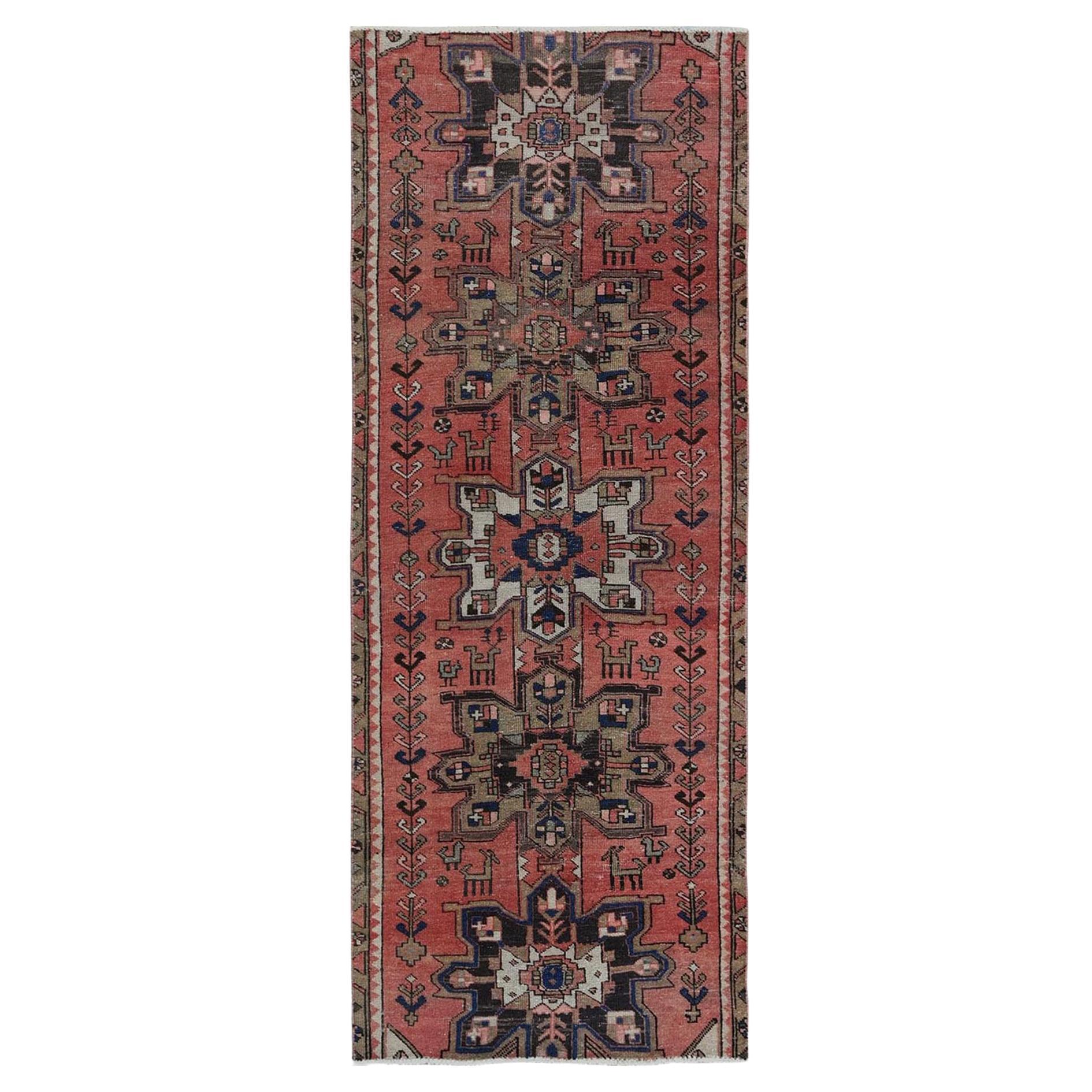 3'1"x8' Blush Red Vintage Persischer Heriz Handgeknüpfter orientalischer Teppich aus Wolle, Vintage