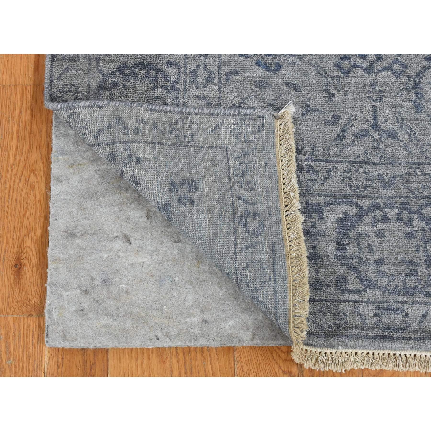 Carbon Gray, Tone on Tone, Modern Tabriz Design, Wool and Silk, Hand Knotted, Runner, Oriental Rug
Primary materials: Wool & Silk
Latex: No Pile 
height: 0.25 Inches
Style: Transitional
Primary color: Grey
Secondary colors: Light Gray, Blue
Pattern: