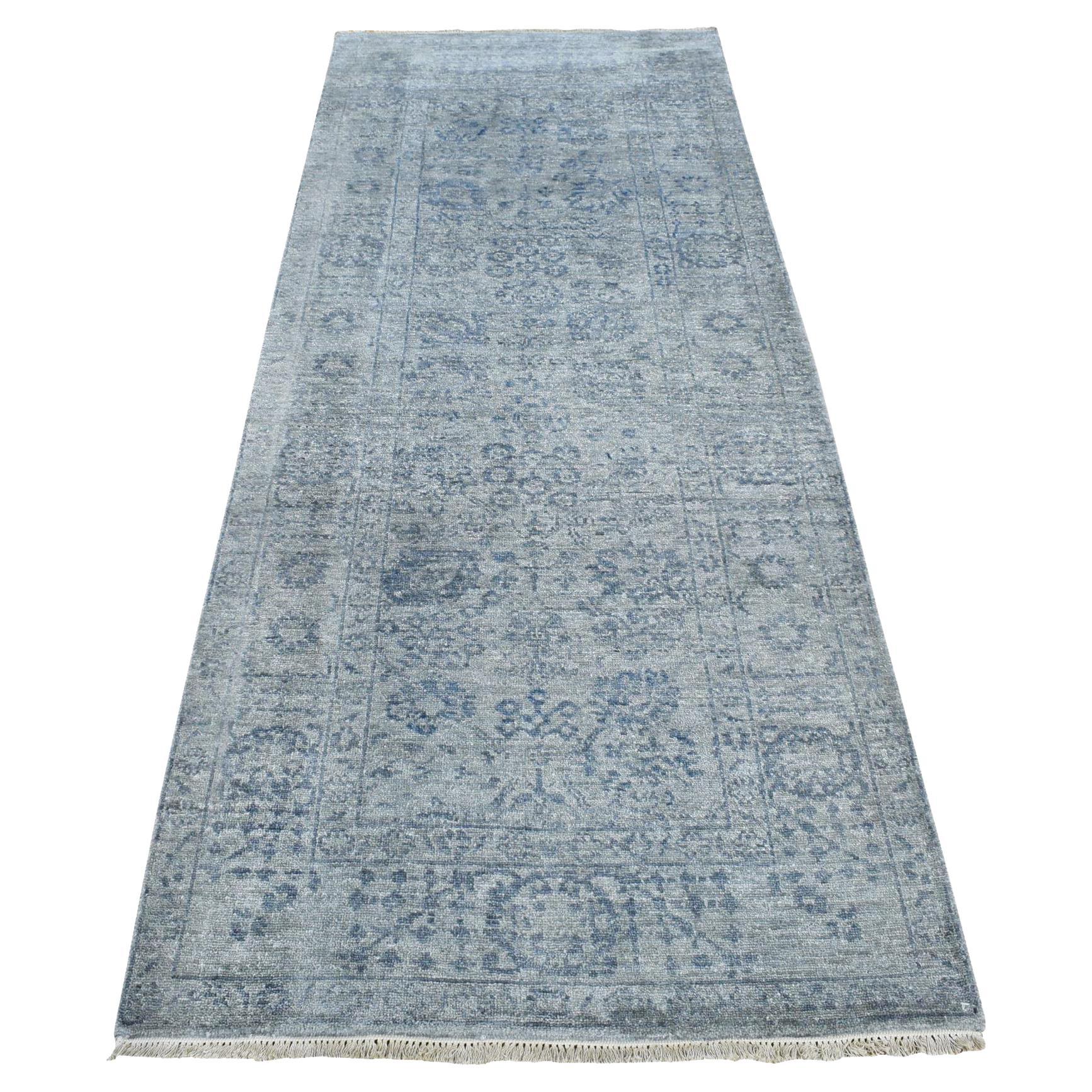 3'1"x8'3" Carbon Gray Abstract Design Wool and Silk Hand Knotted Runner Rug