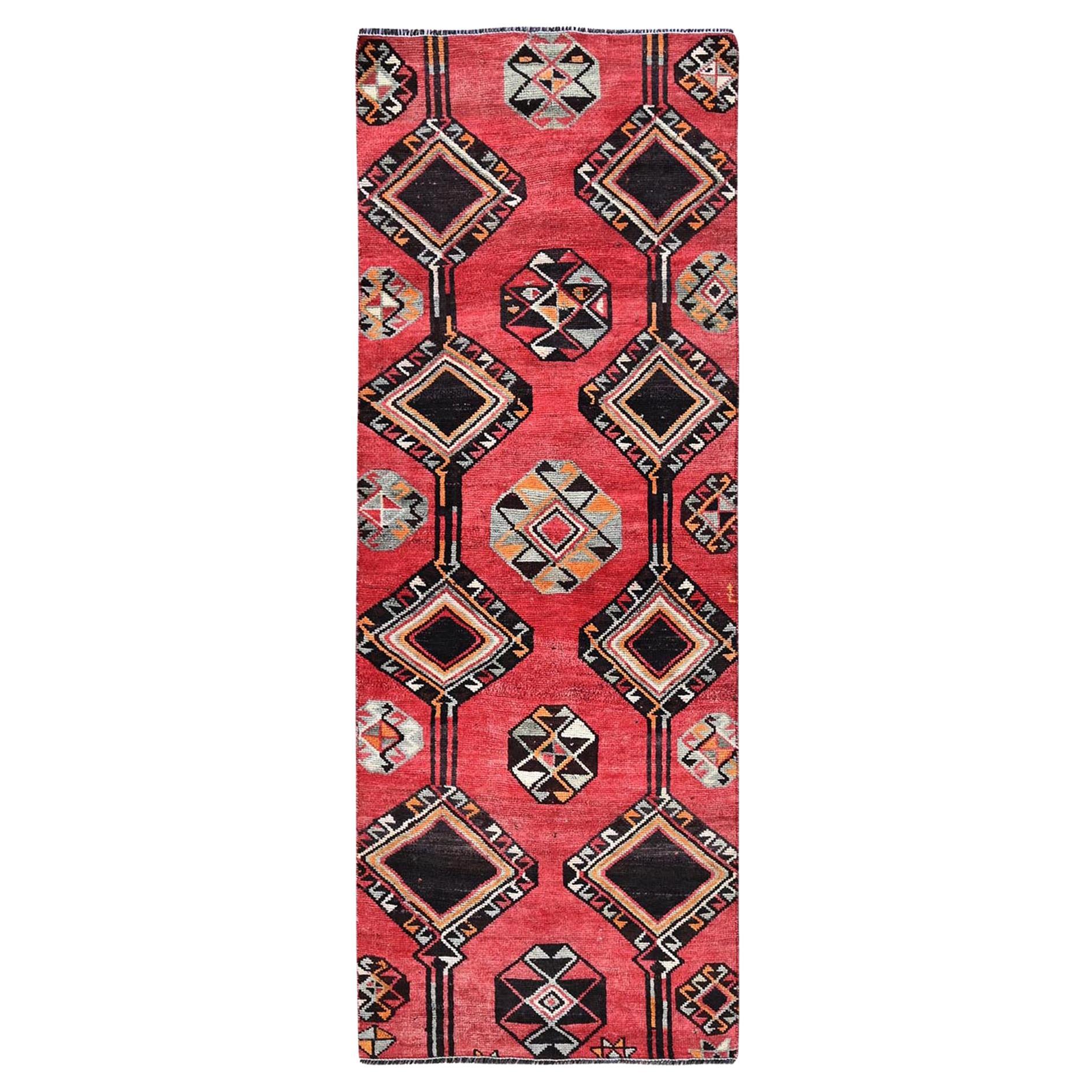 3'1"x8'4" Imperial Red Vintage Persian Shiraz Pure Wool Hand Knotted Runner Rug