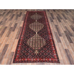3'1"x8'5" Navy Blue New Persian Senneh Bijar Hand Knotted Wool Runner Rug