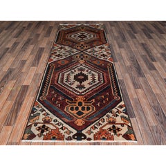 3'1"x9' Ivory-Brown Vintage Persian Bakhtiar Hand Knotted Pure Wool Runner Rug