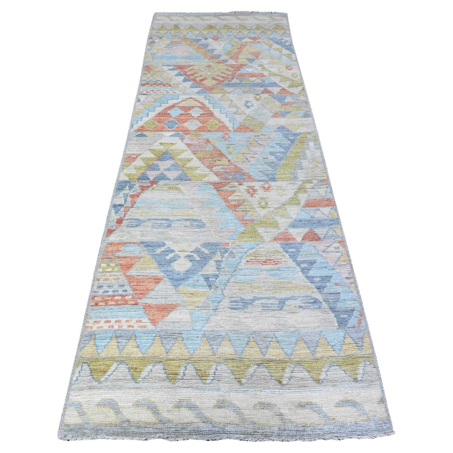 3'1 "x9'5" Silver Gray Colorful Hand Knotted Wool Anatolian Village Inspired Runn en vente