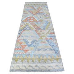 3'1"x9'5" Silver Gray Colorful Hand Knotted Wool Anatolian Village Inspired Runn