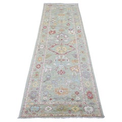 3'1"x9'6" Swamp Green Angora Oushak Floral Pattern Hand Knotted Wool Runner Rug