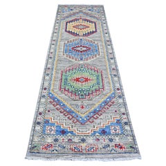 3'1 "x9'9" Tapis de course en laine biologique Angora Oushak Medallions gris, noué à la main