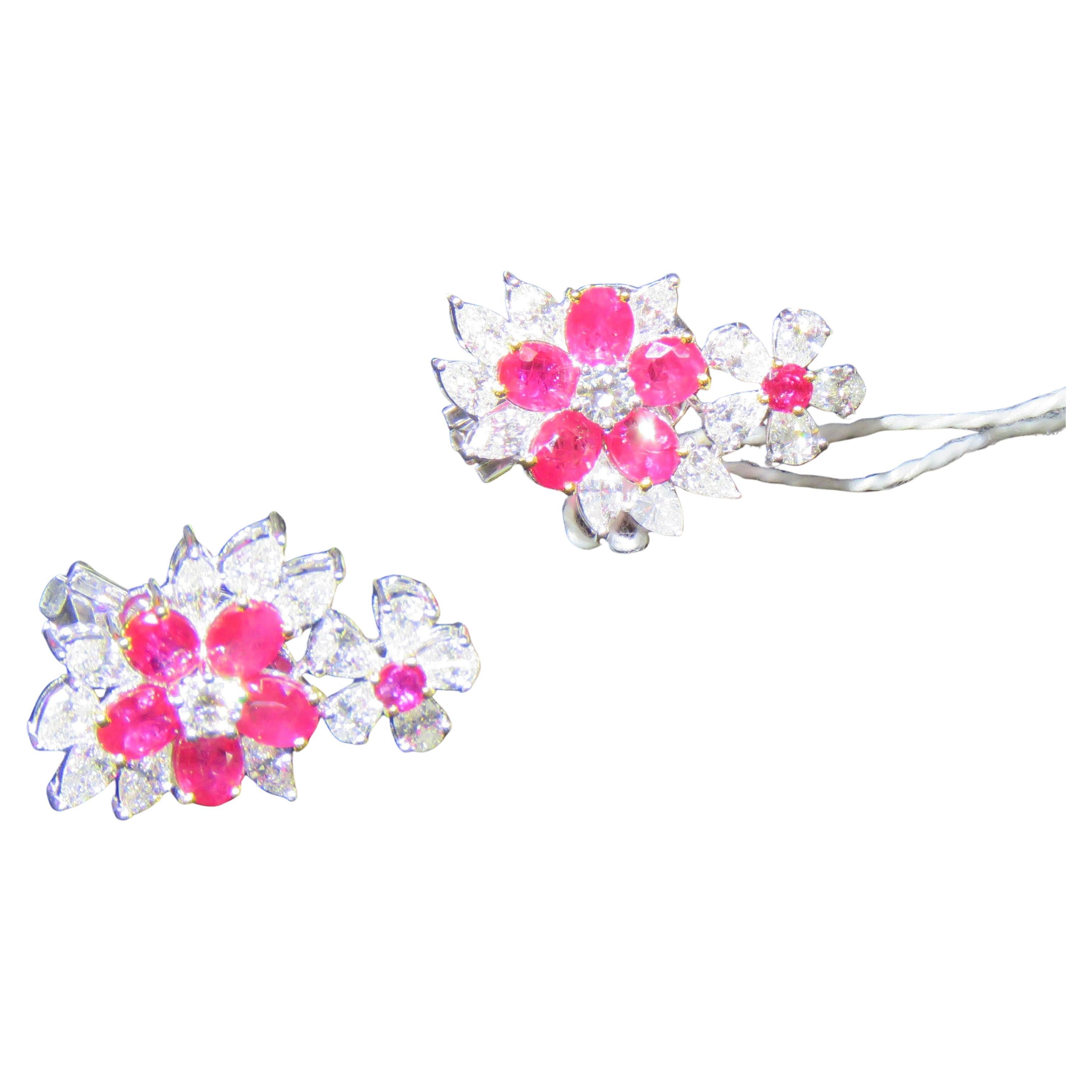 $32, 000 Rare Important 18KT Gold Fancy 9CT Ruby Diamond Floral Flower Earrings