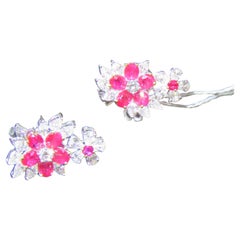 $32, 000 Rare Important 18KT Gold Fancy 9CT Ruby Diamond Floral Flower Earrings