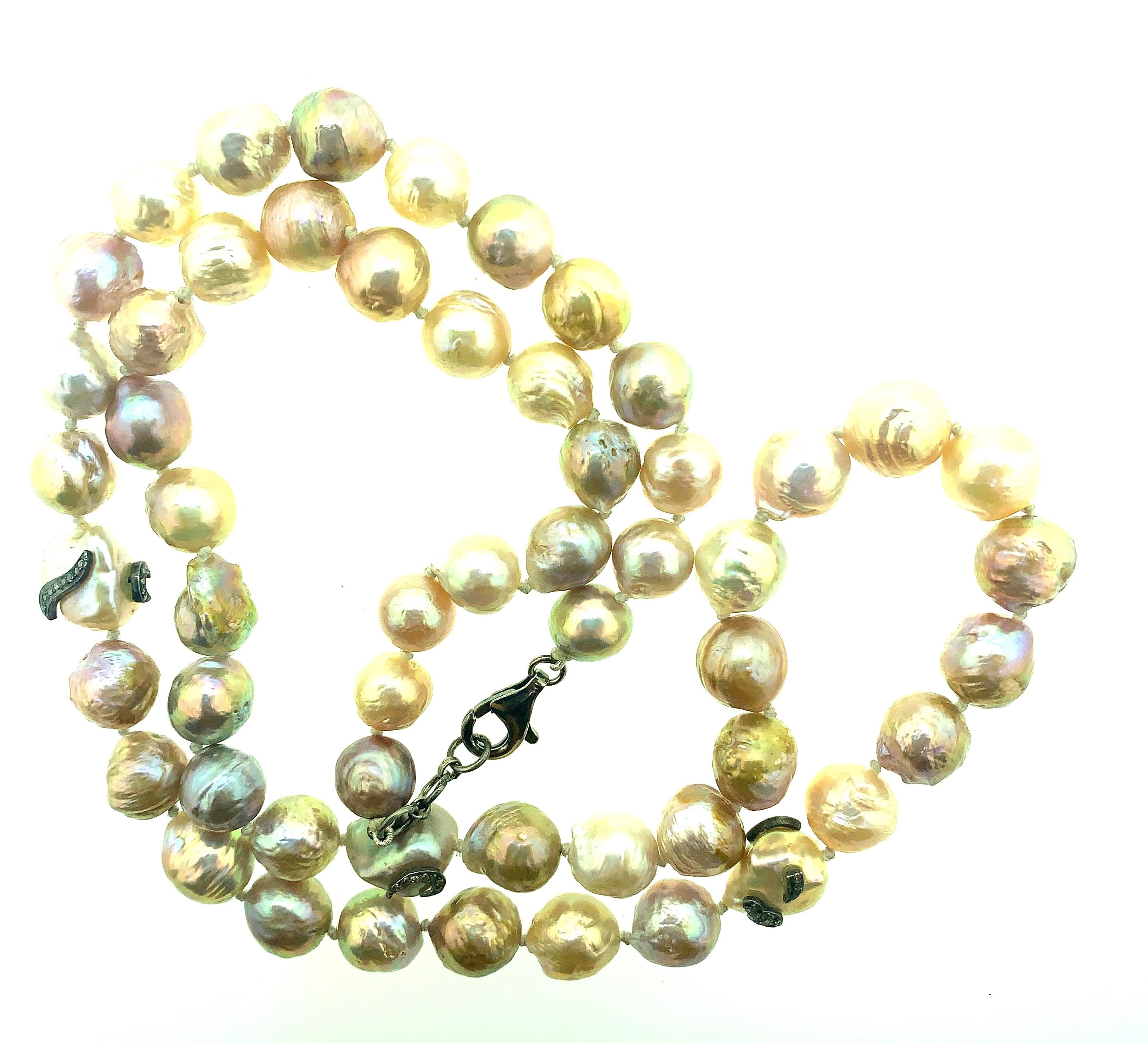 Contemporary 649.50 Carat Freshwater Pearl Necklace Oxidized Sterling Silver with Diamonds For Sale
