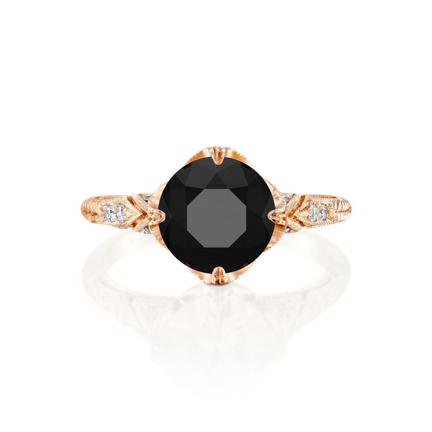 Beautiful solitaire with accents black diamond engagement ring. Center stone is natural, round shaped, black color AAA quality 3 carat diamond surrounded by smaller natural round diamonds of 0.2 total carat weight. The total carat weight of this