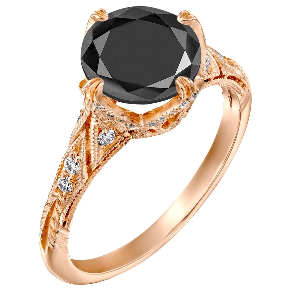 3.2 Carat 14 Karat Rose Gold Certified Round Black Diamond Ring
