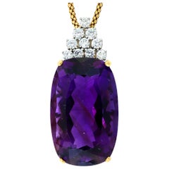 32 Carat Amethyst & 1.5 ct Diamond Pendant Necklace 18 Karat Yellow Gold + Chain