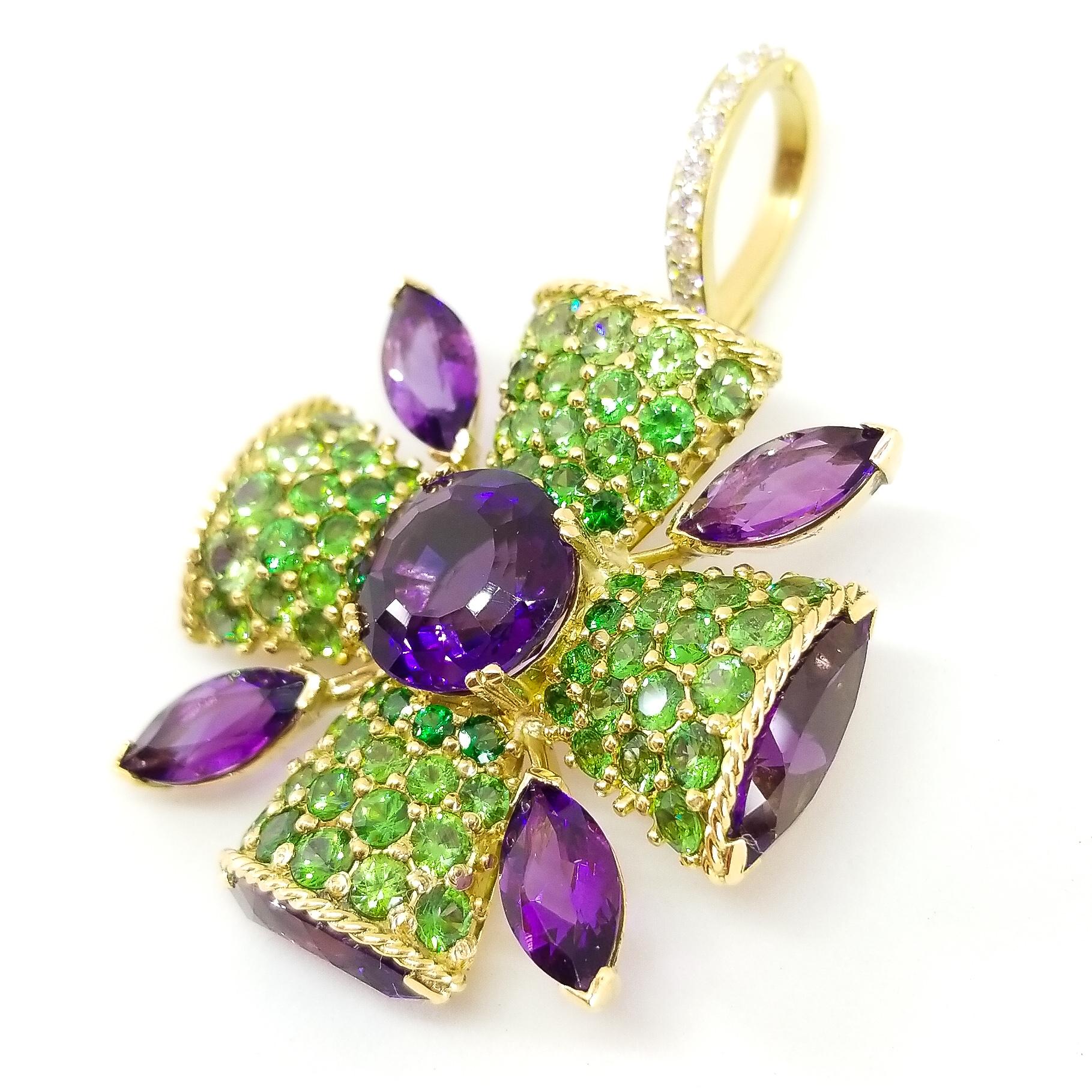This Custom Designed and Crafted, One of a Kind Statement Enhancer Pendant by Artisan Tom Castor features Brilliant Contrasting Color and a Large Presence in the Classic Maltese Cross Style. Set in the center of the Cross is a large, Round Amethyst