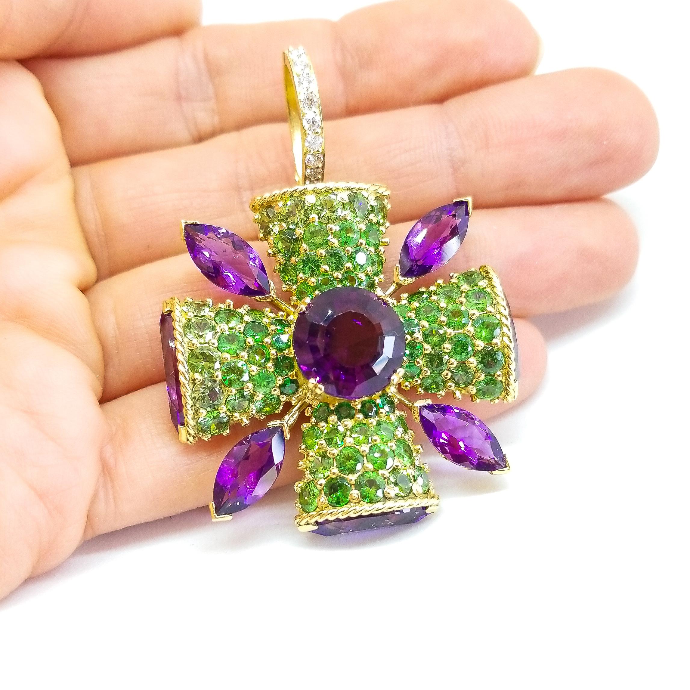 32+ Carat Amethyst Tsavorite Diamond Maltese Cross Large Enhancer Pendant 18KY In New Condition In Lambertville , NJ