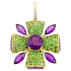 32+ Carat Amethyst Tsavorite Diamond Maltese Cross Large Enhancer Pendant 18KY