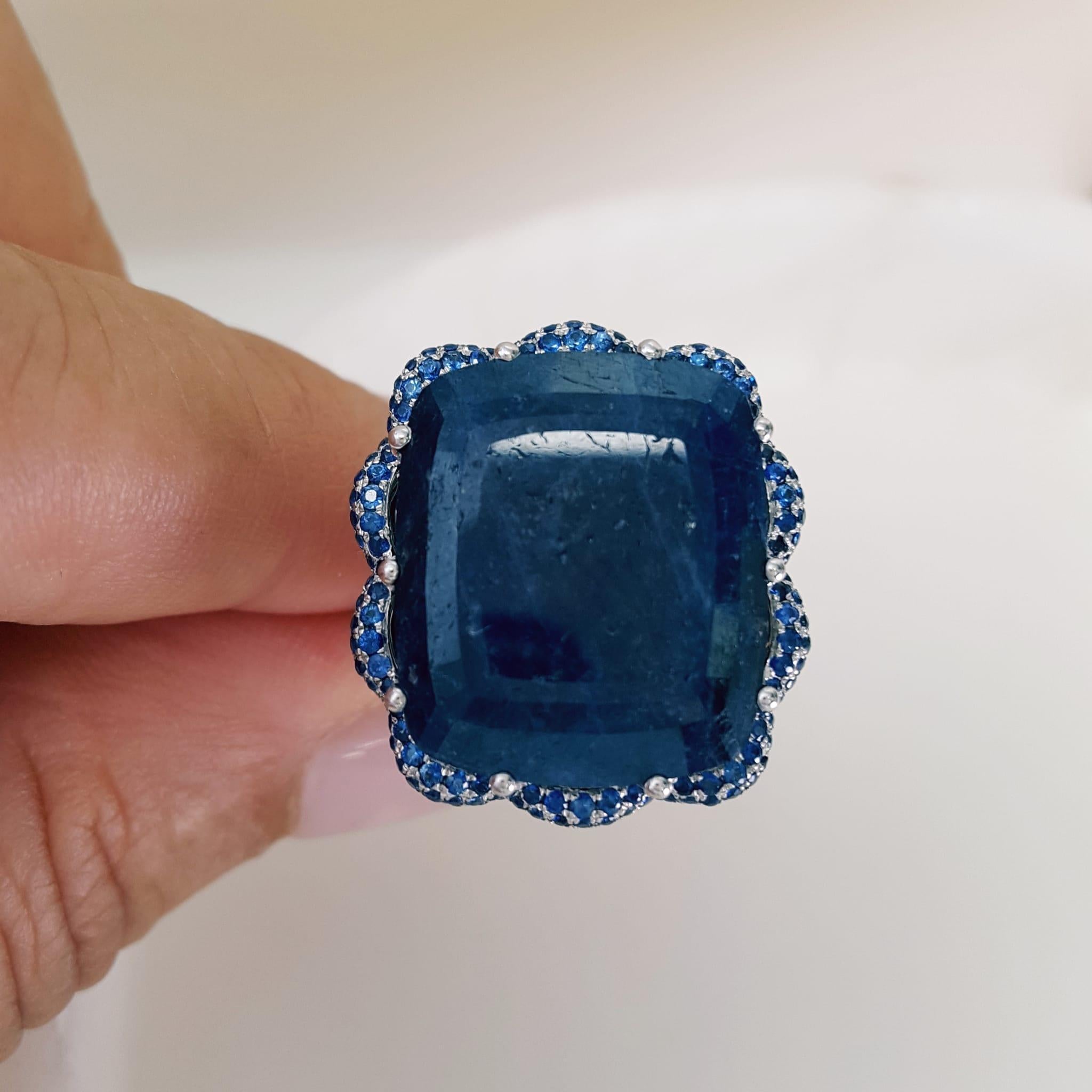 Cushion Cut 32 Carat Blue Sapphire and Round Diamond Cocktail Ring Set in 18K White Gold. For Sale