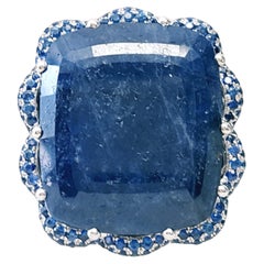 32 Carat Blue Sapphire and Round Diamond Cocktail Ring Set in 18K White Gold.