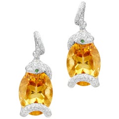32 Carat Citrine and Diamond Snake 18 Karat White Gold Drop Earrings
