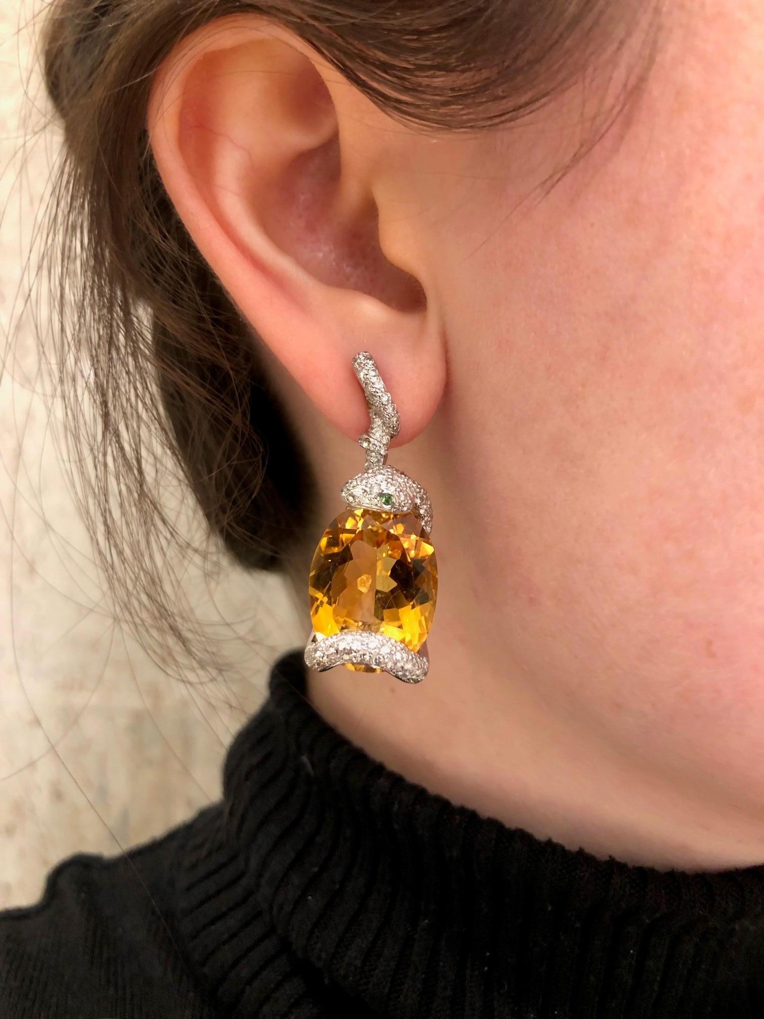 32 Carat Citrine and Diamond Snake 18 Karat White Gold Drop Earrings 6