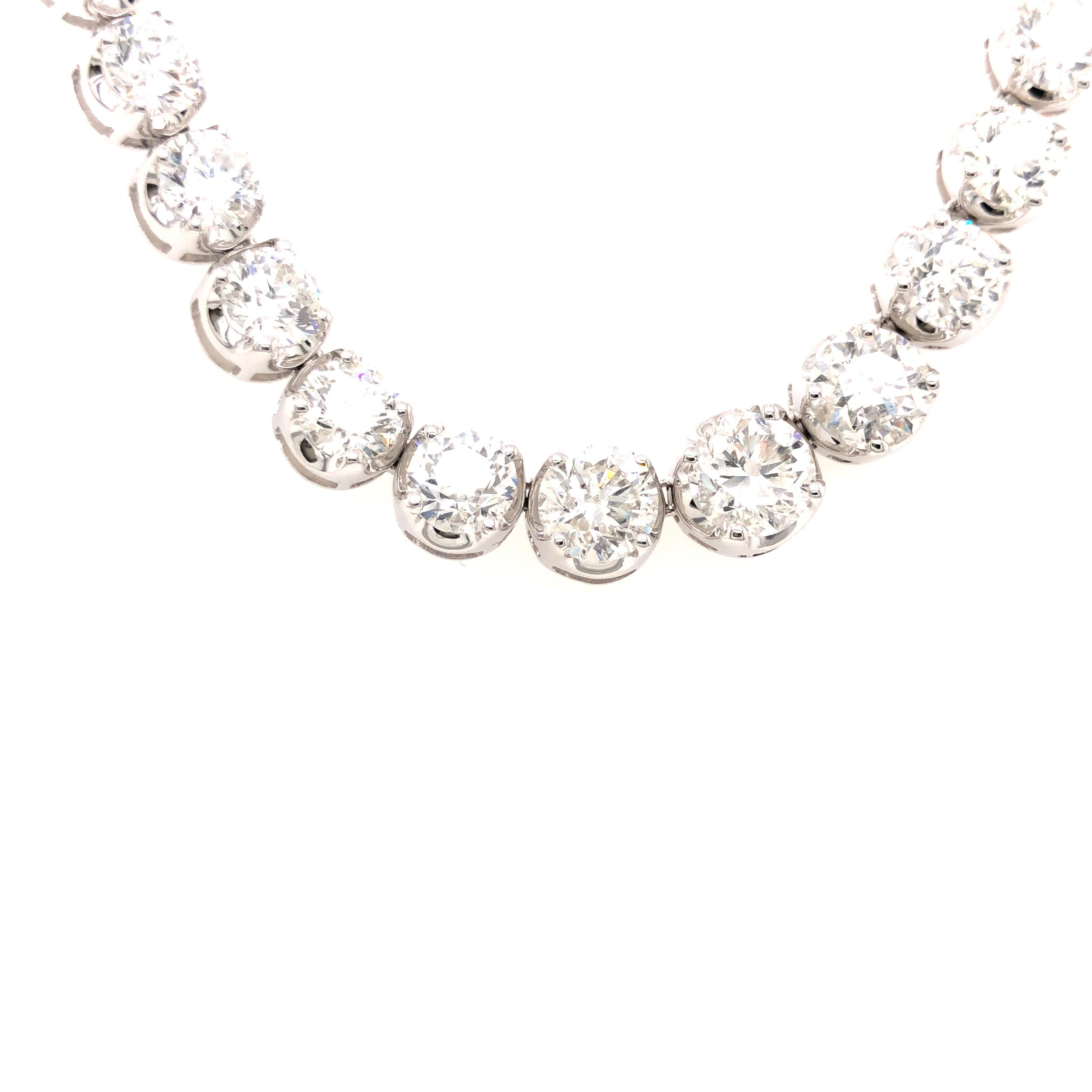 32 Carat Diamond Tennis Necklace 18 Karat White Gold 4 Claws Set Riviera Line For Sale 4